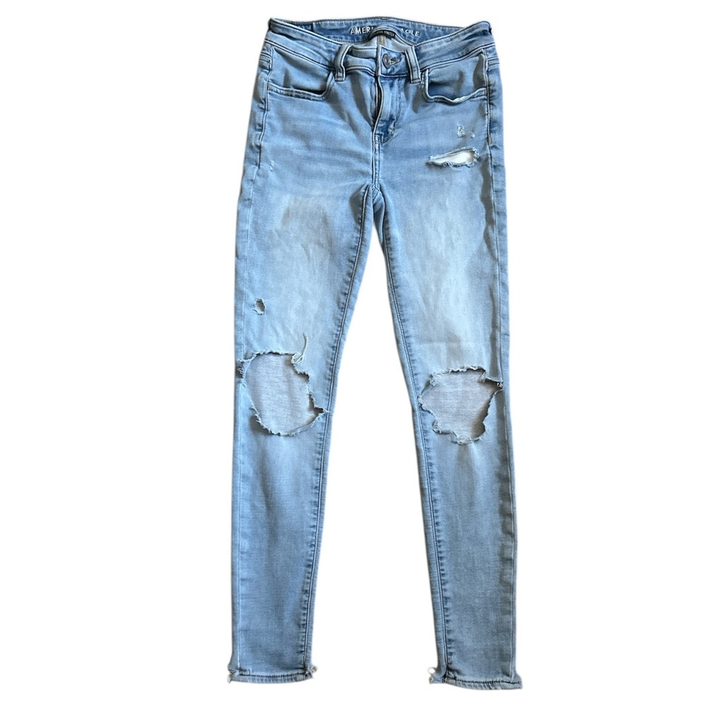 American Eagle AE Stretch Ripped Straight Jeans High Rise Blue Powder Size:2